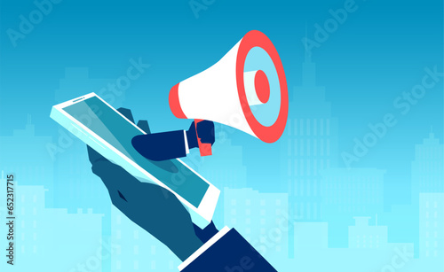 Vector of a business man holding a smartphone with a megaphone coming out of the screen and making an announcement