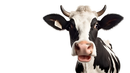 Black and white healthy, cute cow with a surprised curious look and open mouth looking at the camera, isolated on a white background with copy space.