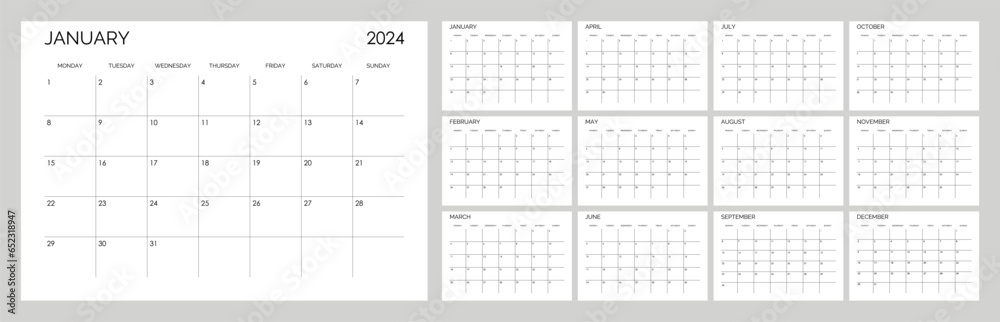 Classic monthly calendar for 2024. Calendar in the style of minimalist square shape. The week starts on Monday. English text - obrazy, fototapety, plakaty 