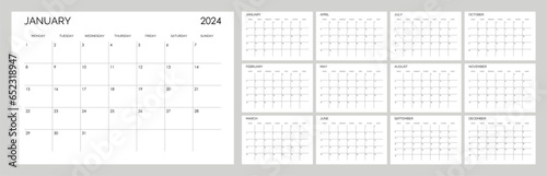 Classic monthly calendar for 2024. Calendar in the style of minimalist square shape. The week starts on Monday. English text