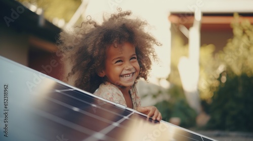 Joyful child plays near solar panel installation, depicting innocence and happiness in sustainable energy settings.