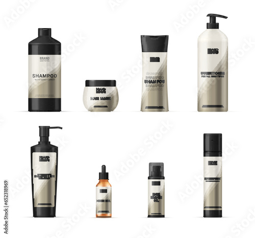 Hair beauty care cosmetic brand package bottle set realistic vector illustration