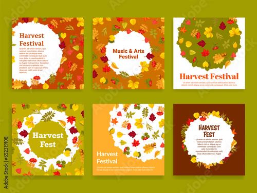 Harvest music and art festival promo poster card with autumn leaves design set vector illustration