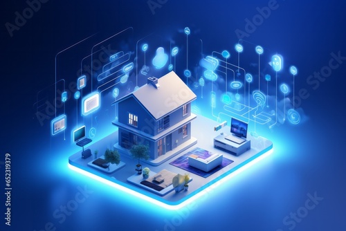 Smart house IOT in a holographic cyberpunk future, complete with grid layout, networked appliances, and a cyborg aesthetic. Minimalist smart home design with ai application in blue concept.