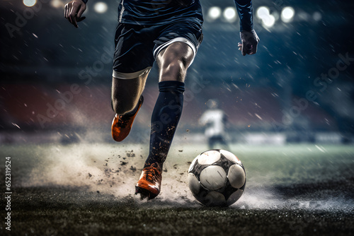 Fußballspieler im Stadion dribbelt mit Ball am Fuß, dynamische Spielszene, erstellt mit generativer KI © rawku5