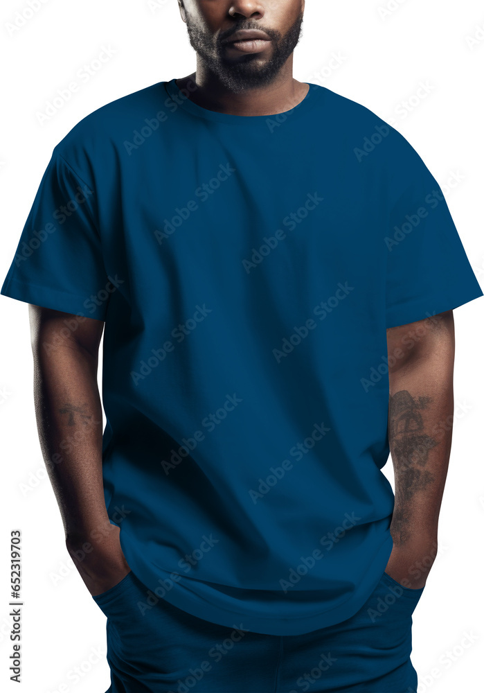 Mockup blue T-shirt on a brutal African American man, front view, PNG, Generative AI Mockup blue T-shirt on a brutal African American man, front view, PNG, Generative AI