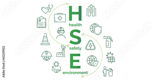 HSE - Health Safety Environment acronym web banner.Standard safe industrial work. Organization, maintenance, protective, danger, symbol, regulatory, competent, personal, caution vector illustration.