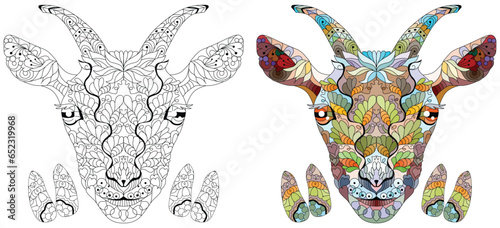 Zentangle goat head with hooves for coloring. Hand drawn decorative vector illustration. Black and white and color images