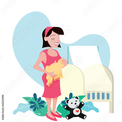 loving mother holding newborn baby. room with crib and teddy bear.
