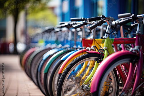 A row of bicycles parked on a city street is a healthy and environmentally friendly form of transport.