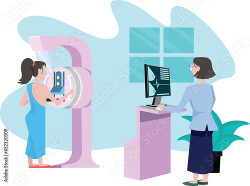 Mammography -  breast cancer prevention - a topless woman and a female doctor in a mammogram procedure - Women's healthcare.