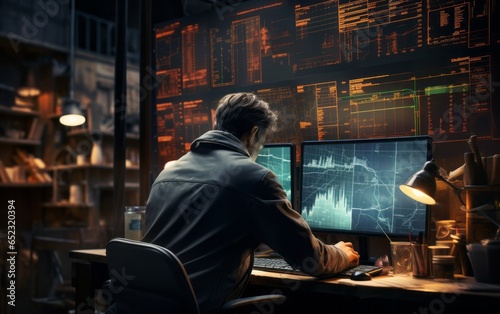 A male trader-investor working at a computer. Workplace of a man working at the stock exchange
