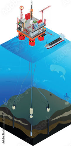 Offshore oil and gas platform infographic. Deep water drilling. Oil tanker.