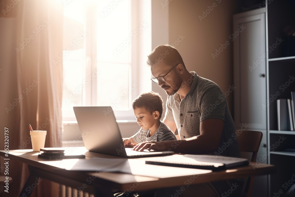 Father working at home on a laptop with his little son. Family work. Father working at home on a laptop with his little son. Family work.