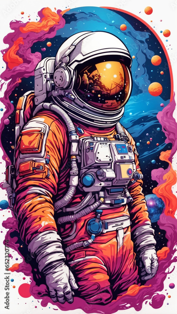 Illustration of an astronaut in outer space with a rainbow colored atmosphere 2 Illustration of an astronaut in outer space with a rainbow colored atmosphere 2