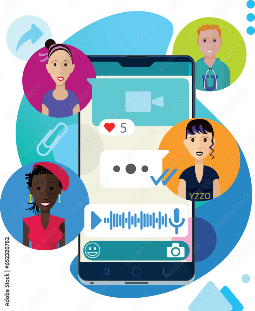 Amigos conversando on-line por aplicativo móvel. Ideal para expor suas ideias ou compartilhar informações ou notícias. Substitua pelo seu texto.