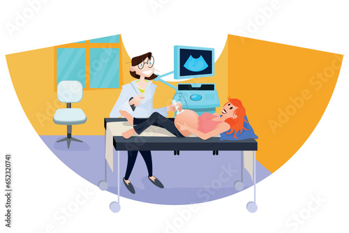 Ultrassound. Radiology. Doctor and an a pregnant woman in an Ultrasound Room. Obstetrician. Joy.