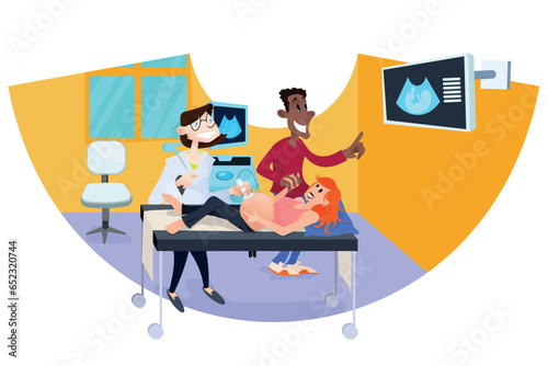 Ultrassound. Radiology. A Caring Doctor and an Expectant Mother and father embrace the Joy of Pregnancy in an Ultrasound Room