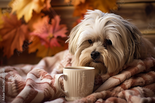 Dog lies with plaid, cup of coffee and autumn decor © Olga