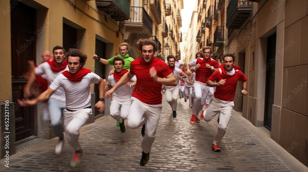 Runners in Encierro, Running of bulls in Pamplona, Spain. Bull running in Pamplona. Traditional San Fermin festival where participants run ahead of charging bulls through the streets to bullring Runners in Encierro, Running of bulls in Pamplona, Spain. Bull running in Pamplona. Traditional San Fermin festival where participants run ahead of charging bulls through the streets to bullring
