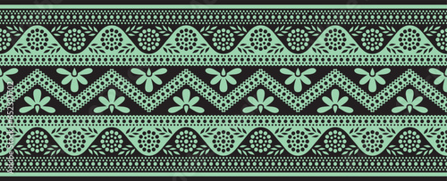 Vector black and green seamless Indian ornament. Ethnic national border, India frame..