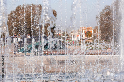 Light and music fountain on a spring morning. Natural Museum-reserve 