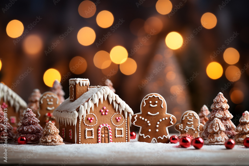 Close Up of many gingerbread christmas cookie on christmas dinner table.