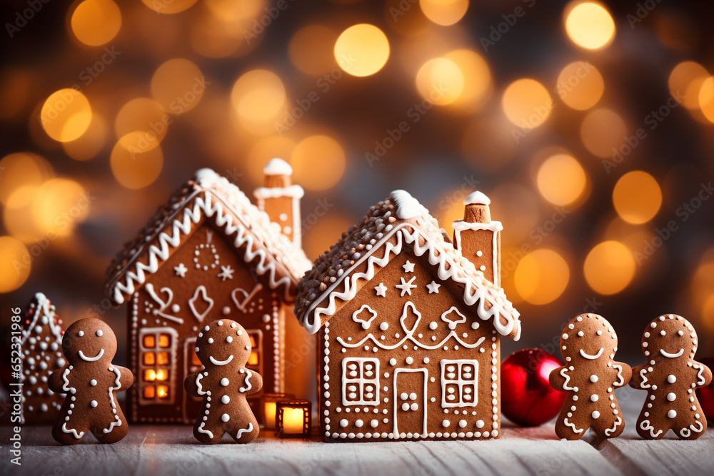 Close Up of many gingerbread christmas cookie on christmas dinner table.