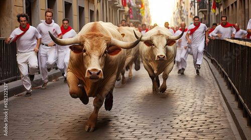 Runners in Encierro, Running of bulls in Pamplona, Spain. Bull running in Pamplona. Traditional San Fermin festival where participants run ahead of charging bulls through the streets to bullring