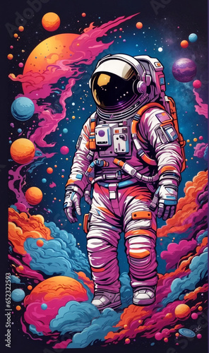 Illustration of an astronaut in outer space with a rainbow colored atmosphere 10