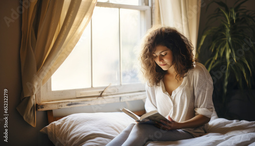 A woman comfortably reads a book in bed at home, enjoying a moment of solitude and leisure, embodying self-care. photo