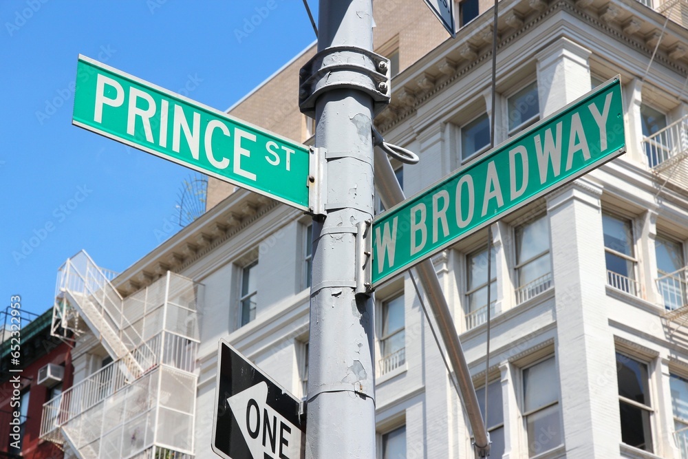 New York City street. Prince Street and West Broadway sign in Manhattan. New York City street. Prince Street and West Broadway sign in Manhattan.