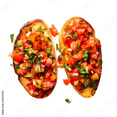 Top view of Italian Bruschetta isolated on a white transparent background