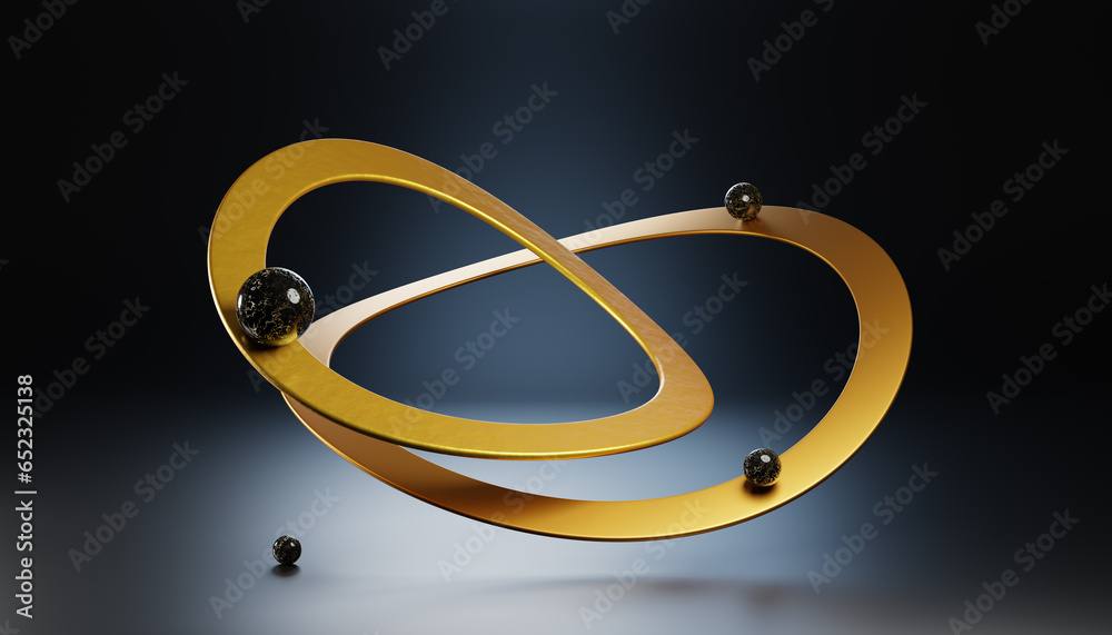 3d render black marble spheres balance on gold metal curved rings ...