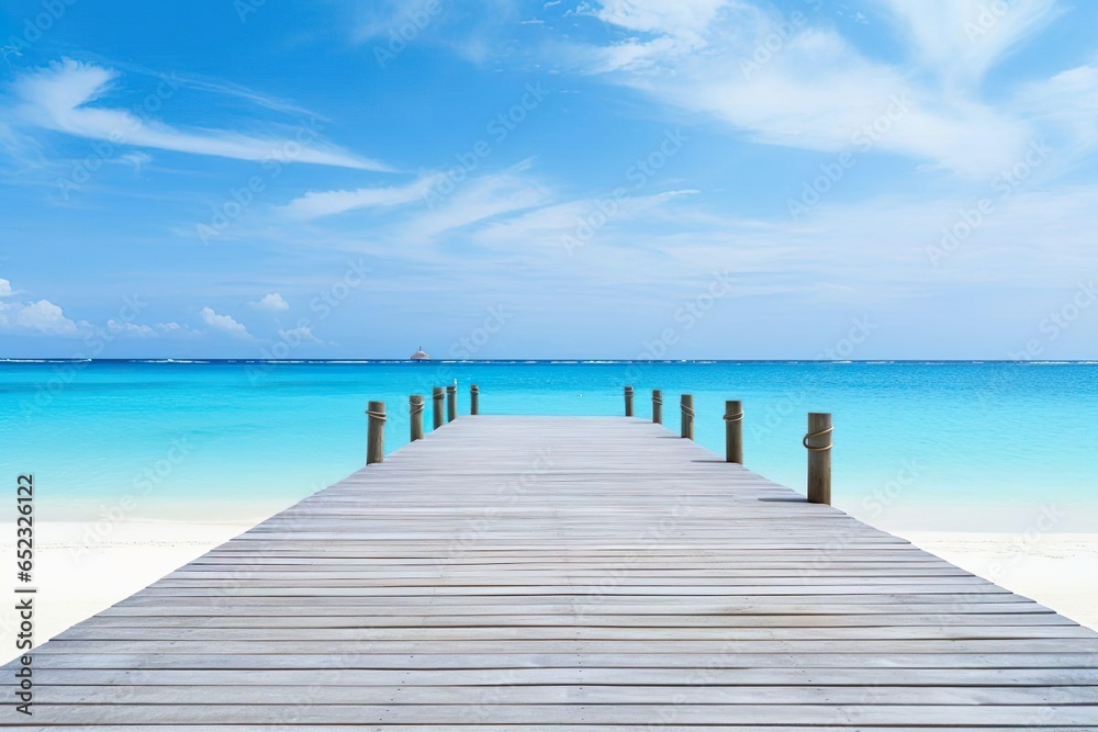 Amazing travel landscape concept. Beautiful best tropical Maldives island and wooden pier pathway. Sunny beach sea bay coconut palm trees on blue sky for nature holiday vacation background concept