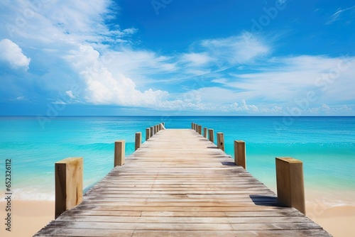 Amazing travel landscape concept. Beautiful best tropical Maldives island and wooden pier pathway. Sunny beach sea bay coconut palm trees on blue sky for nature holiday vacation background concept