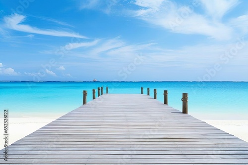 Amazing travel landscape concept. Beautiful best tropical Maldives island and wooden pier pathway. Sunny beach sea bay coconut palm trees on blue sky for nature holiday vacation background concept © ahmed