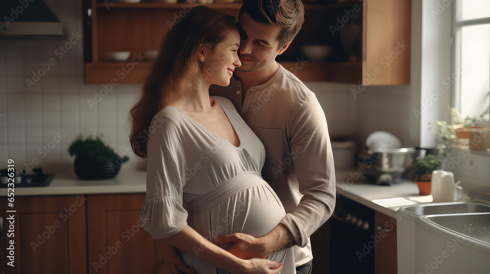 Cute young married couple in the kitchen. Man hugs pregnant wife, happy family. Cute young married couple in the kitchen. Man hugs pregnant wife, happy family.