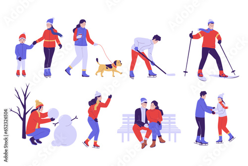 Set of different people activities in winter. Winter people collection. Flat design illustration