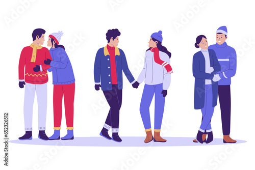Couple people in winter clothes. Winter people collection. Flat design illustration