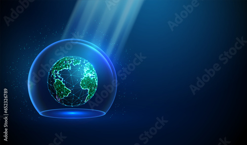Abstract planet Earth in blue glass dome with sun rays. Ecology protection concept. Low poly style design.
