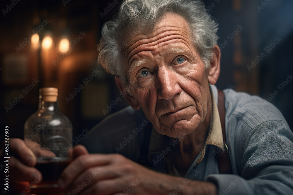 Portrait of elderly man with glass of alcohol at home Portrait of elderly man with glass of alcohol at home