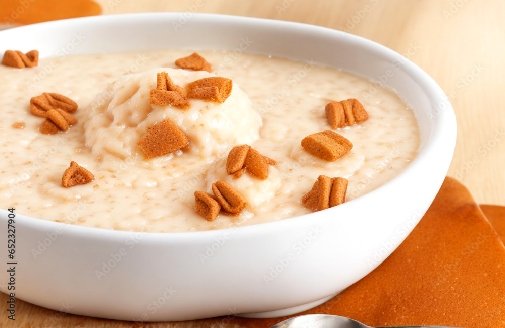 Rice pudding with cinnamon on white background