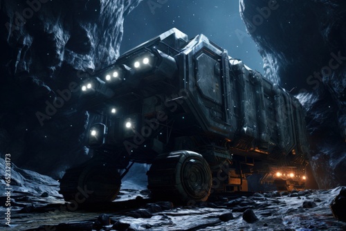 Sci-fi military vehicle in a dark cave. 3D rendering of an old military vehicle in a dark cave. Generative AI.