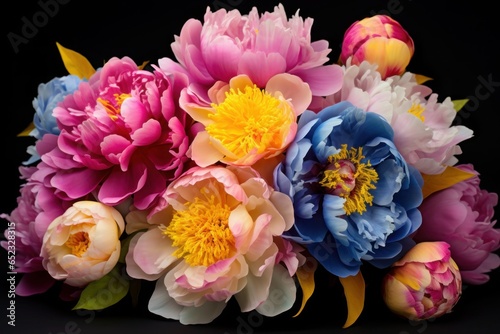 Bouquet of multicolored peonies on a black background. Generative AI.