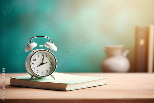 A beautiful pastel colored alarm clock sits on the reading table.
