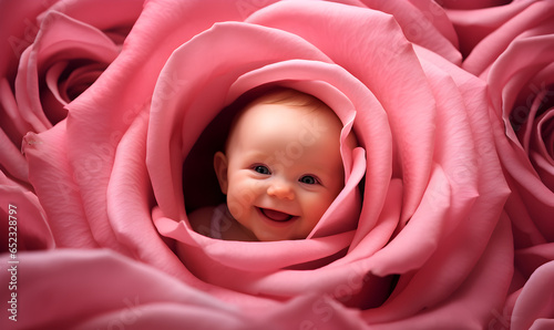 les petites filles naissent dans les roses, visage de petite fille au centre d'une rose photo