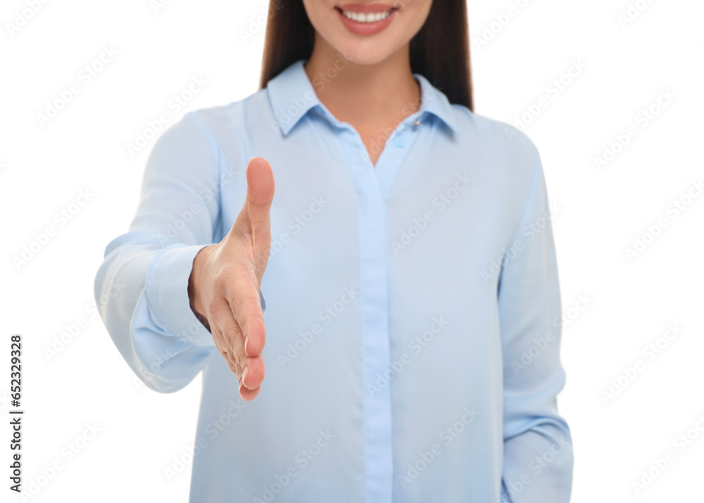 Woman welcoming and offering handshake isolated on white, closeup Woman welcoming and offering handshake isolated on white, closeup