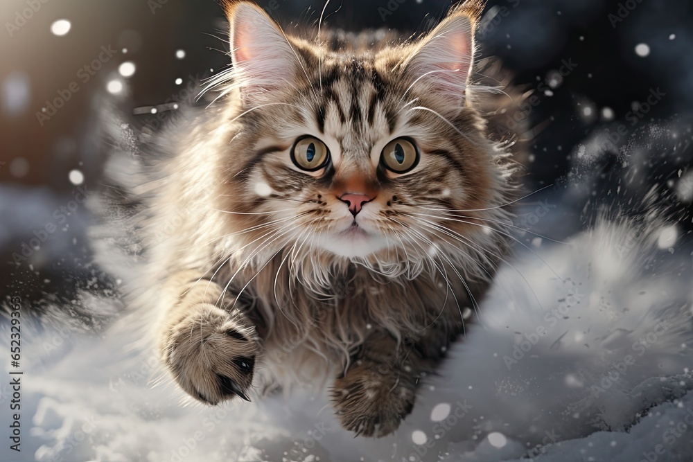Cat happily jumps in the snow