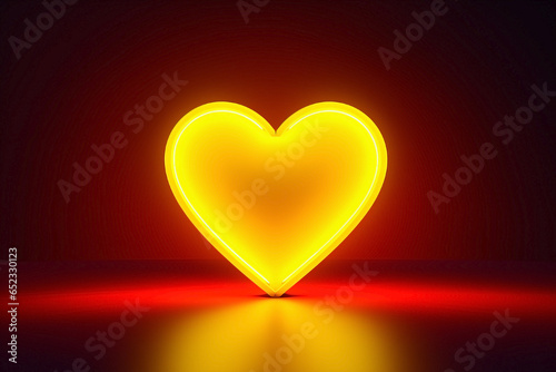 Yellow neon light heart on dark background.